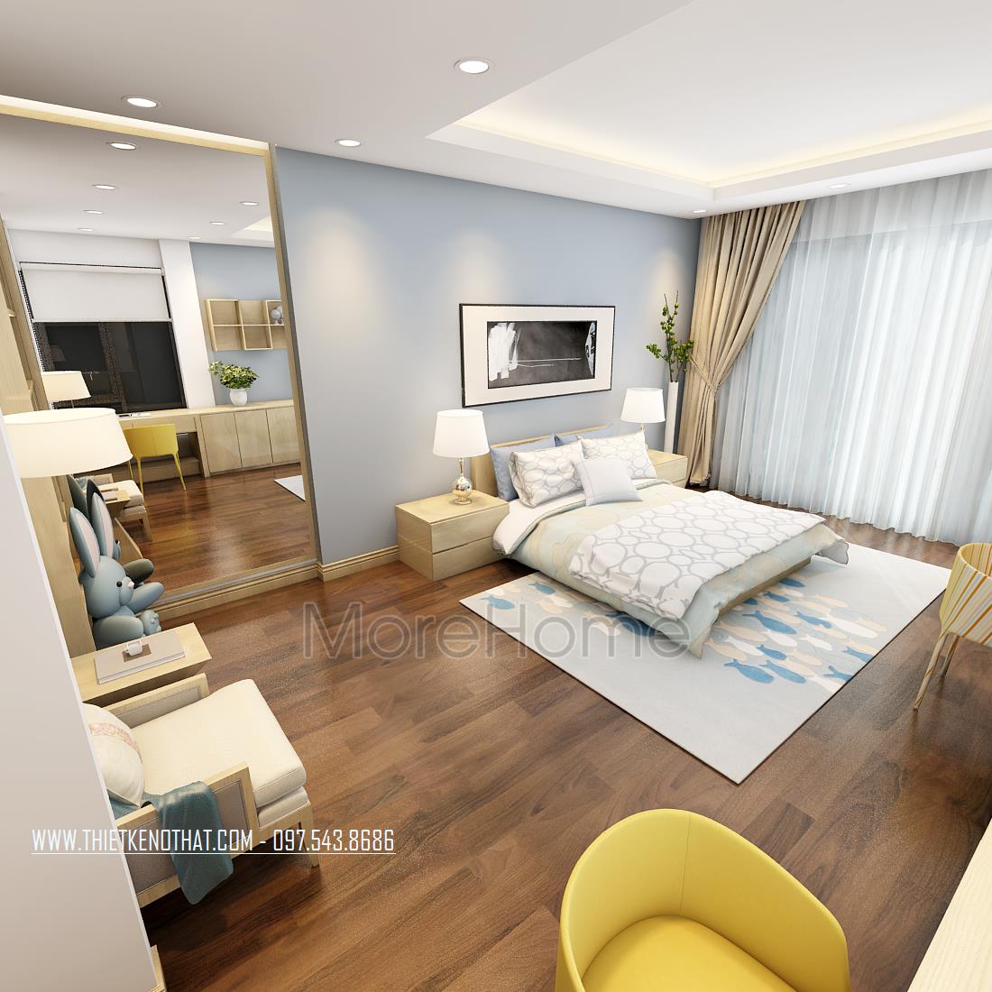 Thiết kế nội thất phòng ngủ cho bé nhẹ nhàng với tông màu xanh sáng khơi dậy ý tưởng sáng tạo của trẻ
