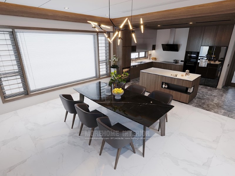 Thiết kế nội thất gỗ phòng ăn liền bếp đẹp, sang trọng hiện đại