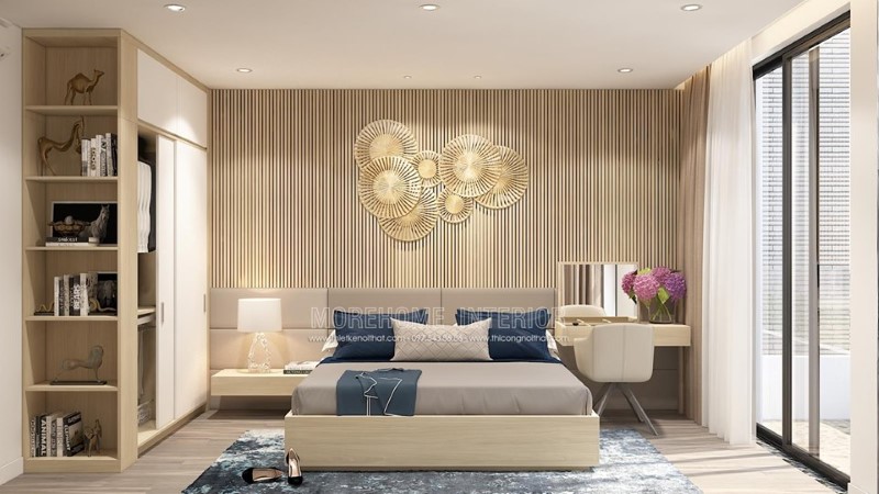 Thiết kế nội thất phòng ngủ gỗ hiện đại tông màu nâu sáng