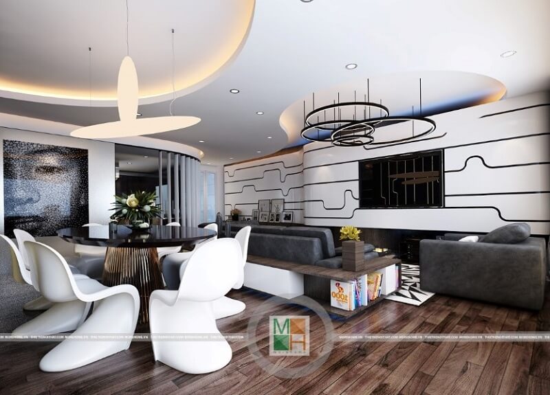 Mẫu thiết kế phòng khách chung cư cao cấp sử dụng gỗ ốp sàn màu nâu sang trọng kết hợp nội thất hiện đại, độc đáo mang đến một căn phòng khách lí tưởng Các mẫu thiết kế phòng khách đẹp