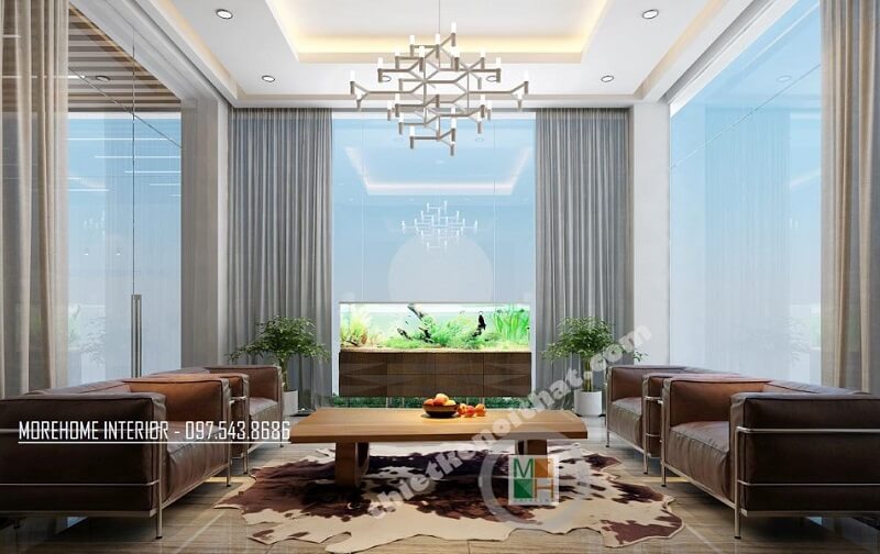 Mẫu thiết kế nội thất phòng khách biệt thưh sang trọng với sự xuất hiện của bộ sofa bọc da cao cấp tạo điểm nhấn nổi nật cho căn phòng Thiết kế phòng khách độc đáo