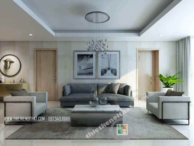 Mẫu thiết kế phòng khách chung cư đẹp với bộ sofa bọc vài màu xám và trắng tạo điểm nhấn nổi bật cho căn phòng. Thiết kế phòng khách độc đáo