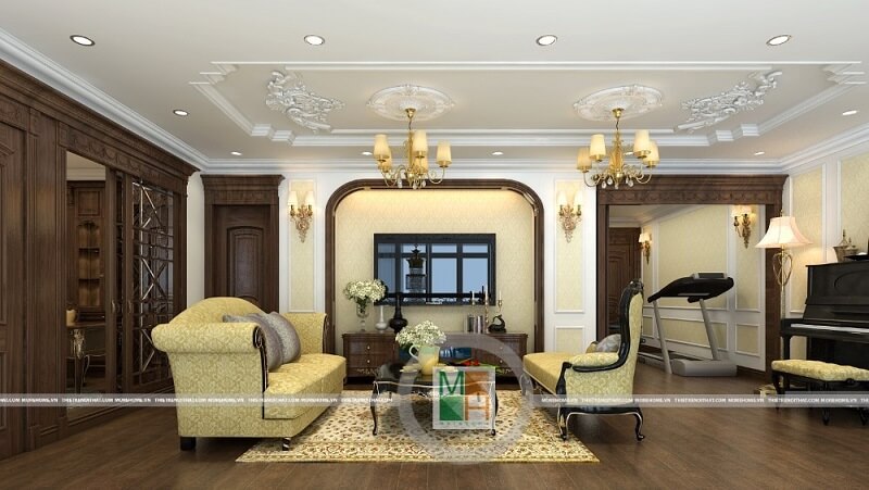 Mẫu thiết kế phòng khách chung cư đẹp với bộ sofa tân cổ điển màu vàng ánh kim ấn tượng cuốn hút mọi ánh nhìn Thiết kế phòng khách độc đáo