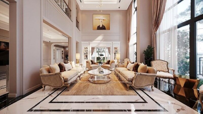 Thiết kế nội thất phòng khách thông tầng biệt thự tân cổ điển cao cấp tại Vinhomes Imperia Hải Phòng. Thiết kế phòng khách độc đáo