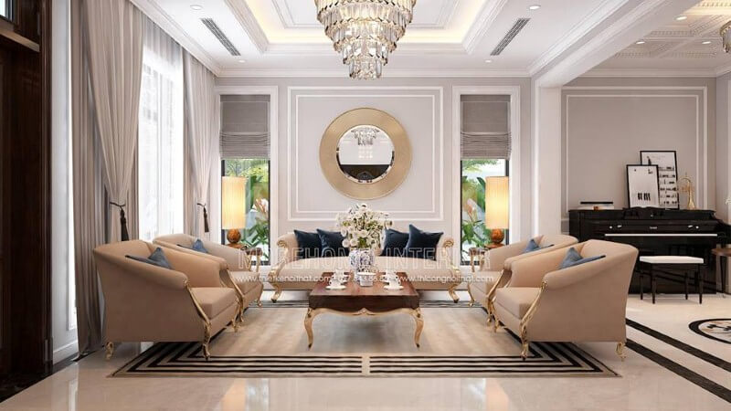 Bộ bàn ghế sofa chân gỗ mạ vàng đẹp, sang trọng cho không gian phòng khách biệt thự, nhà phố. Thiết kế phòng khách độc đáo