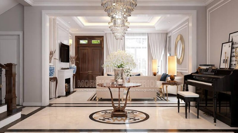Sảnh phòng khách ấn tượng với bàn trang trí và không gian để bàn piano đẹp sang trọng. Thiết kế phòng khách độc đáo