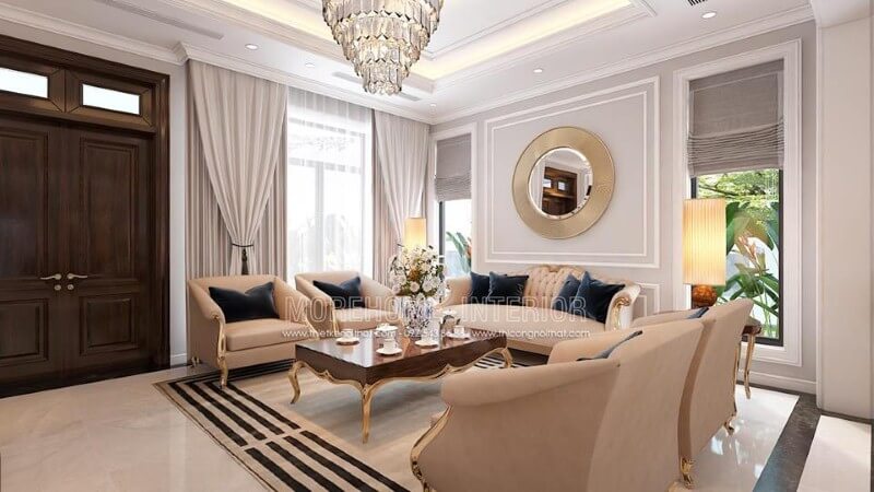 Bộ bàn ghế sofa phòng khách tân cổ điển đẹp, sang trọng, quý phái. Thiết kế phòng khách độc đáo