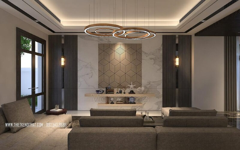Đá ốp tường vân mây cùng họa tiết 3D điểm nhấn tạo góc nhìn độc đáo, sang trọng cho phòng khách biệt thự, nhà phố hiện đại. Thiết kế phòng khách độc đáo