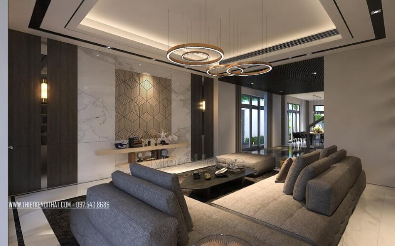 Đá kết hợp cùng gỗ ốp tường là một trong những xu hướng ấn tượng trong trang trí phòng khách hiện đại, cao cấp. Thiết kế phòng khách độc đáo
