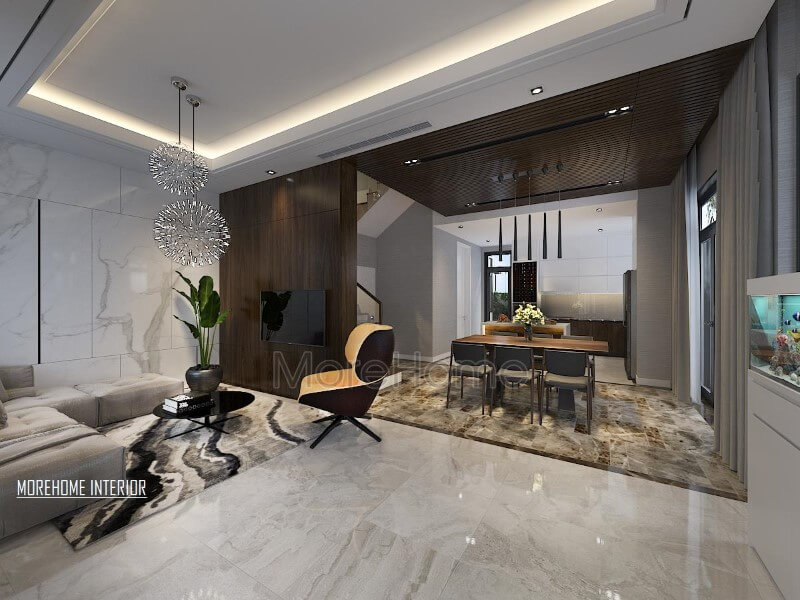 Điểm nhấn ấn tượng giữa gỗ ốp tường cùng đá lát sàn cao cấp tạo nên ánh nhìn hiện đại, độc đáo cho phòng khách liền bếp ăn. Thiết kế phòng khách độc đáo