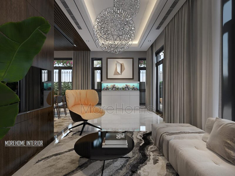 Thiết kế nội thất phòng khách hiện đại tinh tế với bể cá phong thủy. Thiết kế phòng khách độc đáo