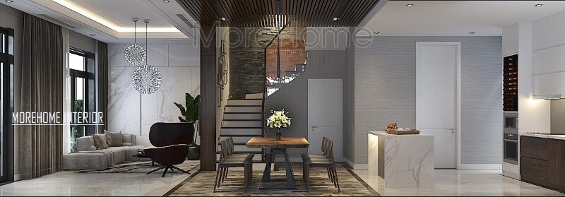 Phối cảnh trang trí hiện đại đẹp cho biệt thự nhà phố với ý tưởng thiết kế phòng khách liền bếp ăn. Thiết kế phòng khách độc đáo