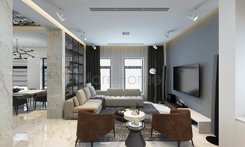 Nội thất phòng khách biệt thự hiện đại lấy tone màu ghi tối và trắng làm chủ đạo, phần cửa sổ hướng ra ban công được thiết kế rộng tạo cảm giác cơi nới cho căn phòng thêm rộng hơn Thiết kế phòng khách độc đáo