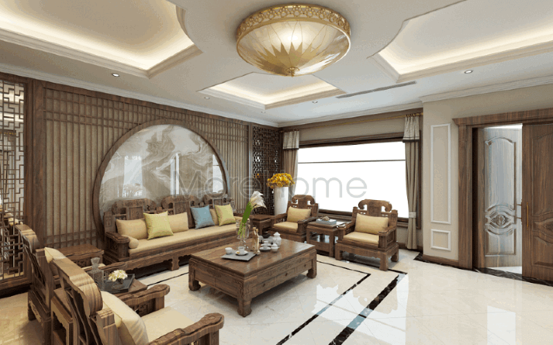 Đường vân uốn lượn sống động từ đá ốp tường cao cấp kết hợp cùng bức vách ốp tường hoa văn trang nhã góp phần tạo nên bức tranh phòng khách Á Đông tuyệt đẹp cho biệt thự Riverside Nguyễn Duy Trinh, Quận 2, Tp. Hồ Chí Minh. Thiết kế phòng khách độc đáo
