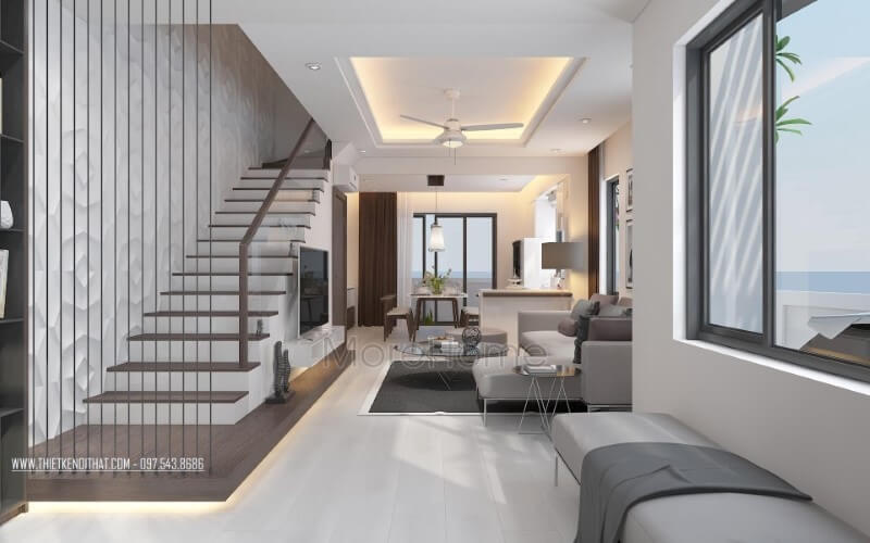 Trang trí nội thất phòng khách liền phòng bếp ăn đẹp cùng cầu thang dây cáp tạo nét hiện đại, độc đáo cho biệt thự, nhà phố. Thiết kế phòng khách độc đáo