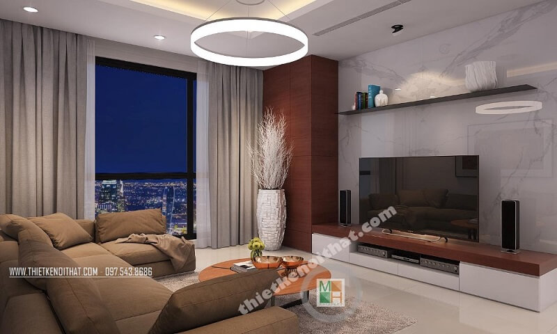 Mẫu thiết kế phòng khách chung cư đẹp với cách sắp xếp đồ nội thất hợp lí khoa học: kệ ti vi treo,bộ sofa bọc vải cao cấp, đèn trang trí Thiết kế phòng khách đẹp