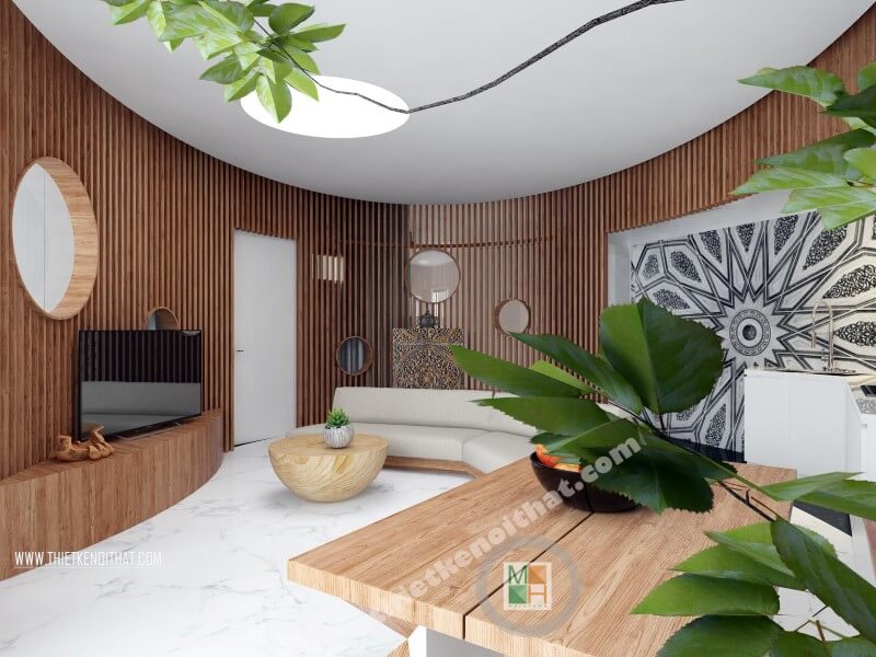Thiết kế phòng khách ấn tượng bằng gỗ mang tới đó là một không gian độc đáo, thoáng rộng với một lối kiến trúc vô cùng đặc biệt. Thiết kế phòng khách đẹp