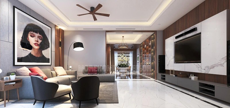 Trang trí nội thất phòng khách ấn tượng với thiết kế mở, hiện đại tạo nên không gian thông thoáng, đẹp mắt. Thiết kế phòng khách đẹp