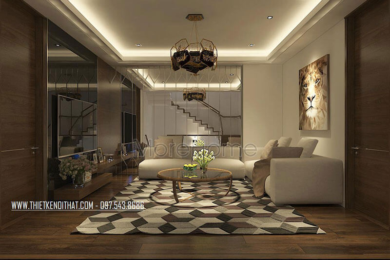 Phòng khách tầng 2 gia chủ lựa chọn tông màu kem sáng từ nội thất tạo sự tươi mới, thư giãn cho không gian tiếp khách cũng như nghỉ chân tiện nghi. Lựa chọn những mẫu thiết kế phòng khách đẹp cuốn hút