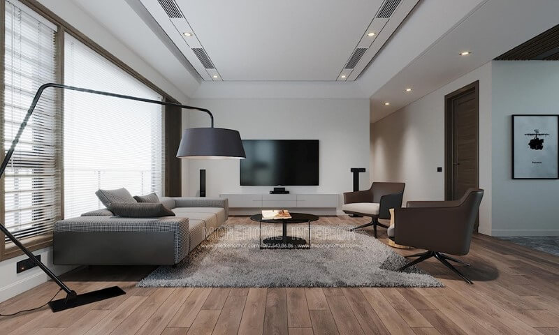 Lựa chọn tông màu trắng cho thiết kế phòng khách hiện đại trở lên thoáng rộng và hút mắt hơn Thiết kế phòng khách tại Hà Nội