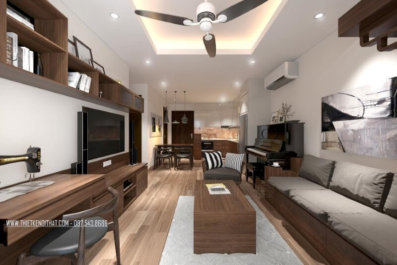Nội thất phòng khách hiện đại sử dụng hầu hết các đường nét trang trí đơn giản, các khối hình đơn giản, không cầu kỳ trong kiểu cách hay các nét trạm trổ chi tiết mang lại cảm giác cơi nới và rộng hơn cho không gian tiếp khách của gia chủ Thiết kế phòng khách tại Hà Nội