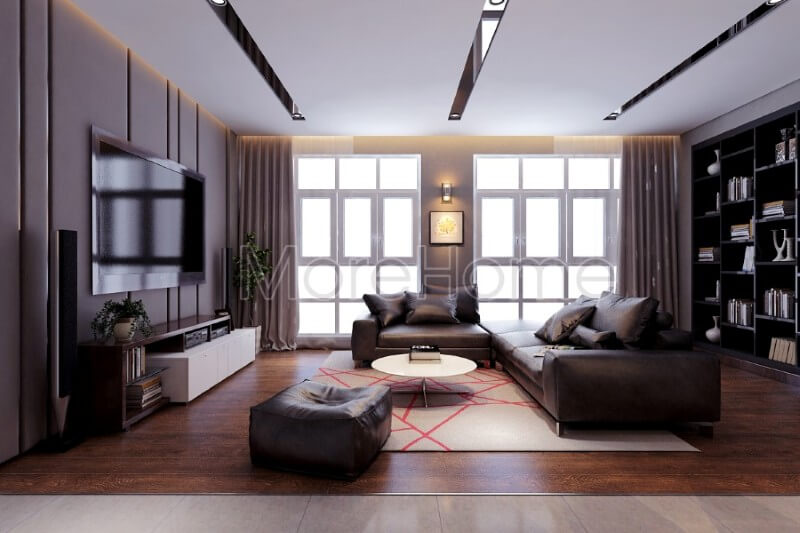 Việc bố trí hợp lí cũng như sử dụng khéo léo gam màu tối tinh tế, nội thất phòng khách chung cư trở nên sang trọng mà không kém phần ấm áp Top các mẫu trang trí phòng khách ấn tượng