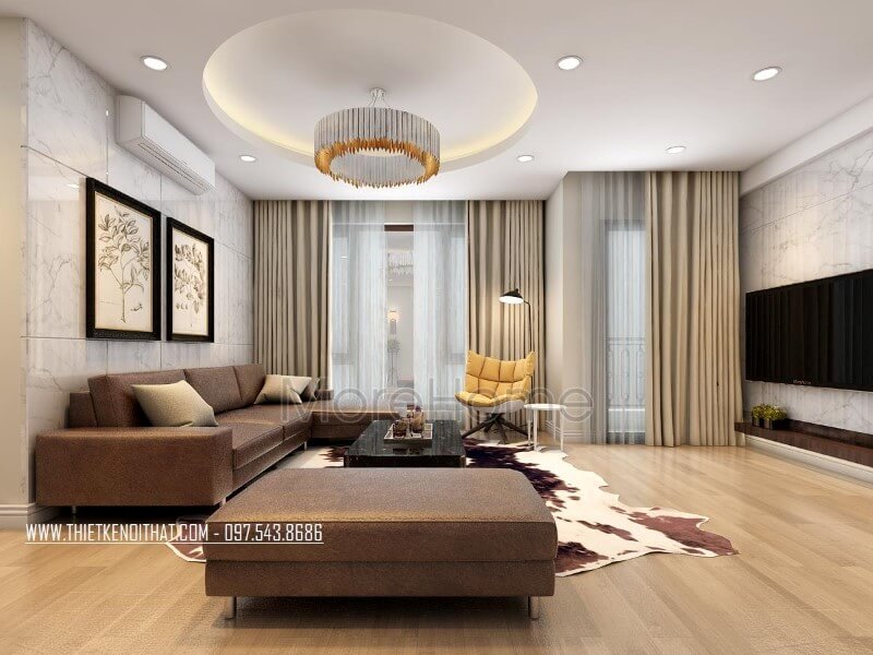 Với sự kết hợp hài hòa của các gam màu chủ đạo trung tính, mẫu thiết kế nội thất phòng khách chung cư hiện đại này đã mang lại cho gia chủ một không gian sinh hoạt chung thoải mái, dễ chịu và không kém phần sang trọng Top các mẫu trang trí phòng khách ấn tượng