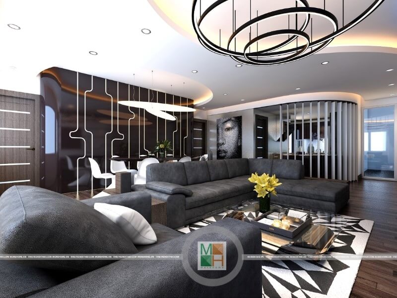 Mẫu thiết kế nội thất phòng khách chung cư hiện đại với đồ nội thất sang trọng: sofa da cao cấp, đèn trang trí, gỗ ốp sàn ,.. mang đến không gian sống đẳng cấp cho gia chủ Top các mẫu trang trí phòng khách ấn tượng