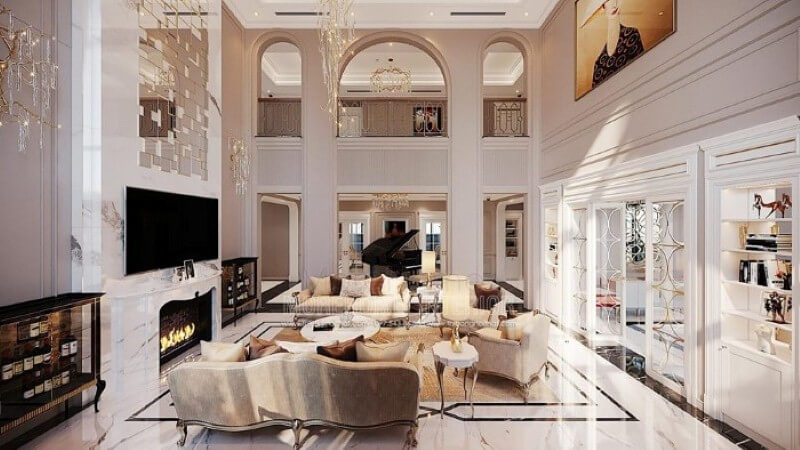 Thiết kế nội thất biệt thự Vinhomes Imperia Hải Phòng ấn tượng với phòng khách thông tầng đẹp, sang trọng. Thiết kế phòng khách tại Hà Nội