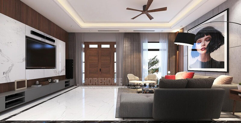 Thiết kế nội thất phòng khách hiện đại đẹp, tinh tế từ đá ốp tường vân mây, tranh treo tường nghệ thuật cùng sofa hiện đại cao cấp. Các xu hướng trang trí phòng khách sang trọng, đẳng cấp