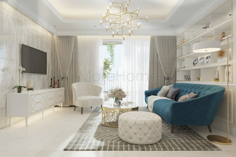 Thiết kế nội thất phòng khách chung cư với gam màu trắng chủ đạo mang đến cảm giác tinh tế và thanh thoát cho không gian thiết kế nội thất phòng khách