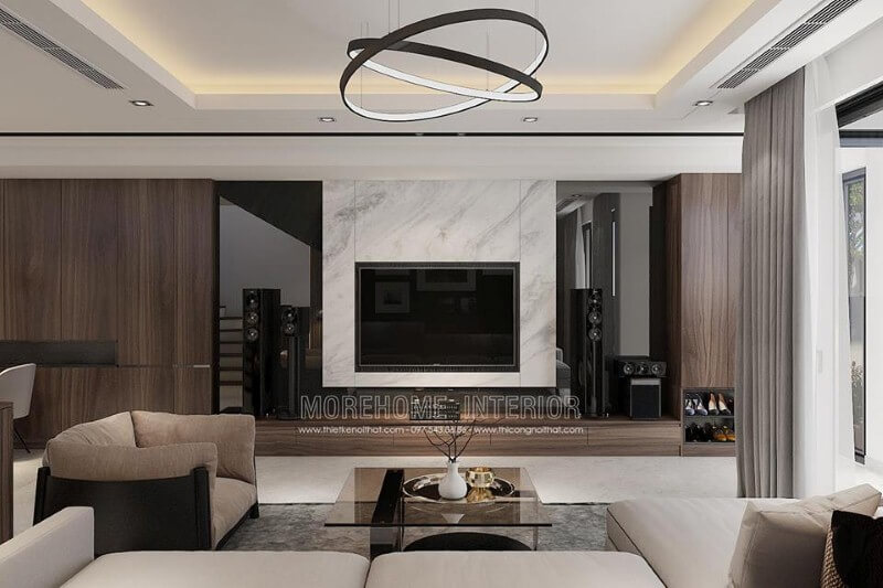 Trang trí phòng khách hiện đại đẹp ấn tượng với đá nhân tạo cao cấp điểm nhấn thiết kế nội thất phòng khách